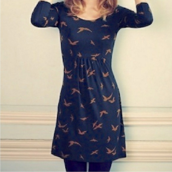 Boden Must Have Tunic Dress Navy Birds Print Novelty 3/4 Sleeve Mini Jersey 6 - Picture 4 of 8